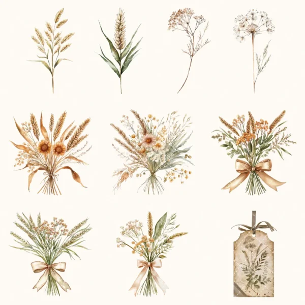 Rusted Plow and Wild Grains Floral Arrangements, Barley Grass PNG, Dried Bouquet, Spring Grain Art, Floral Decor, Ornaments,Digital download