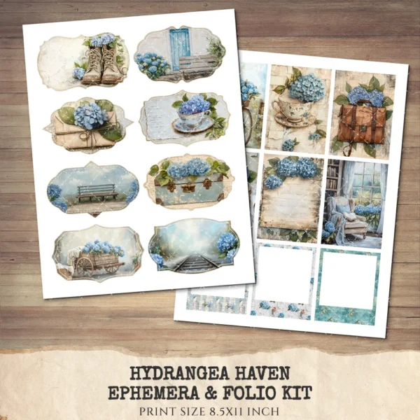 Hydrangea Haven Ephemera & Folio Kit – Spring Cottage Garden, Romantic Floral Printables, Vintage, Blue Floral Tags, Kits, Digital Download