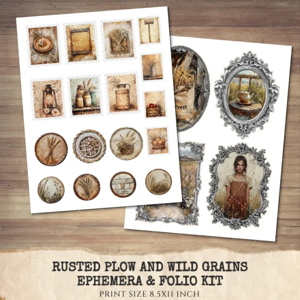 Rusted Plow and Wild Grains Ephemera & Folio Kit – Rustic Farm Harvest, Neutral Farmhouse Printables, Vintage Tags, Kits, Digital Download