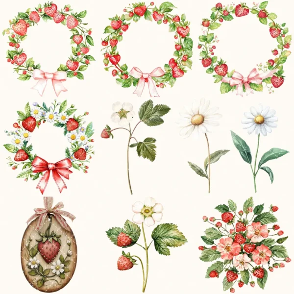Strawberry Market Floral Arrangements, Spring Fruit PNG, Daisy Bouquet, Strawberry Blossom Art, Floral Decor, Ornaments, Digital download