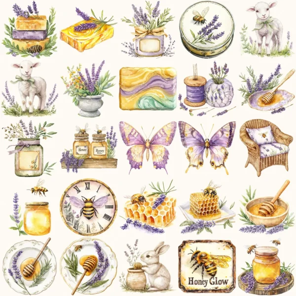 Honey and Herbs Clipart Set – Lavender Herb Illustrations, Honey Pot Graphics, Rustic Recipe, Rosemary PNG Clipart, Digital download