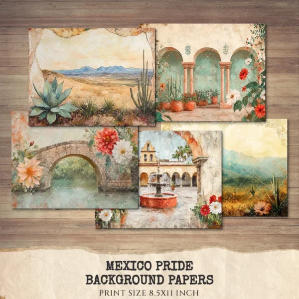 Mexico Pride Junk Journal Pages & Papers – Sombrero, Mexican Floral Printable, Fiesta, Cactus, Patriotic Scrapbook, Digital Download