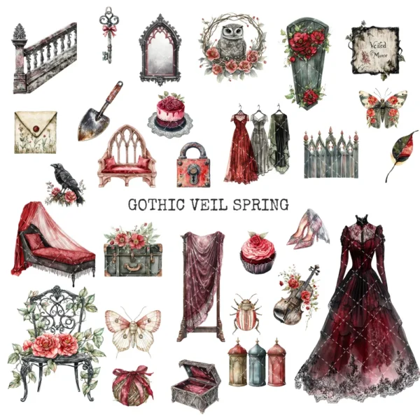 Gothic Veil Spring Clipart Set – Haunted Floral PNG Illustrations, Victorian Lace, Dark Spring Graphics, Romantic Gothic, Digital Download