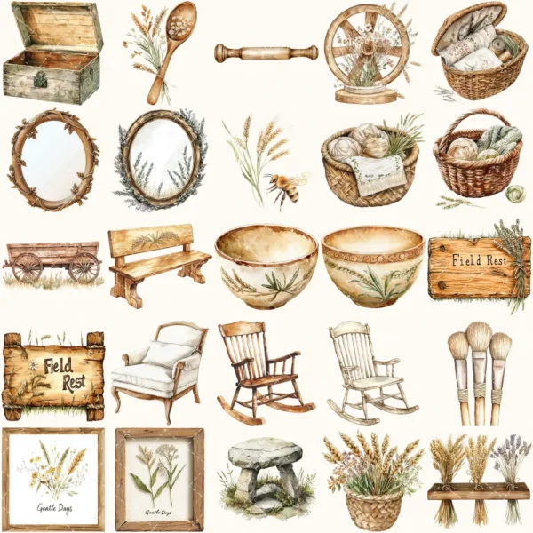 Rusted Plow and Wild Grains Clipart Set – Rustic Farm Illustrations, Masculine Harvest Graphics, Vintage Farmhouse, Harvest,Digital download