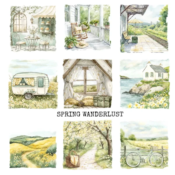 Spring Wanderlust Clipart Set – Countryside PNG Illustrations, Pastel Travel, Springtime Graphics, Bicycle, Wildflowers, Digital Download