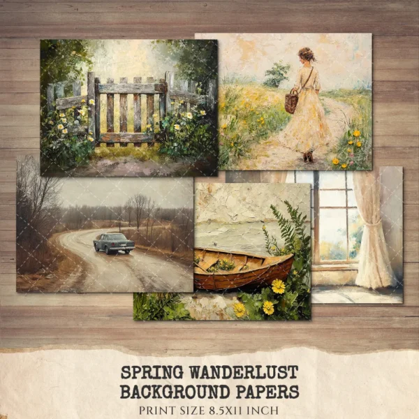 Spring Wanderlust Junk Journal Pages & Papers – Countryside Travel, Springtime Printable, Wildflowers Scrapbook, Farmhouse, Digital Download