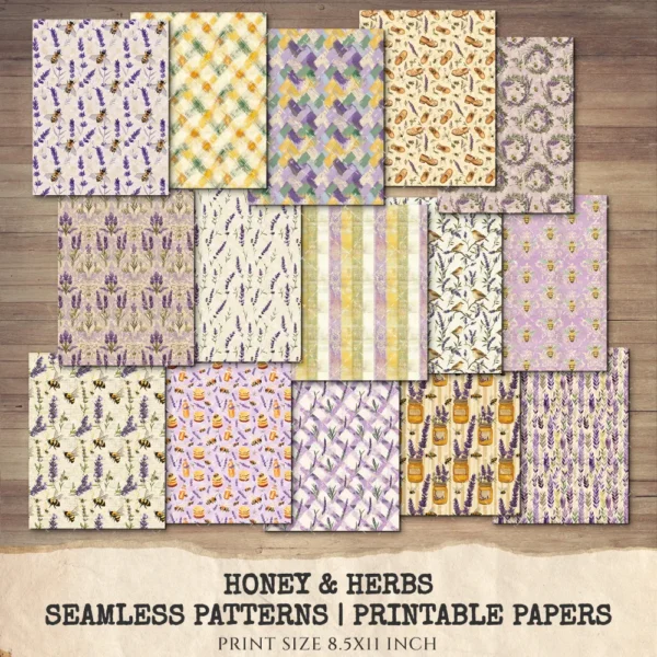 Honey and Herbs Junk Journal Pages & Papers – Lavender Herb, Honey Pot Printable, Honeycomb, Rustic Recipe Scrapbook, Digital Download