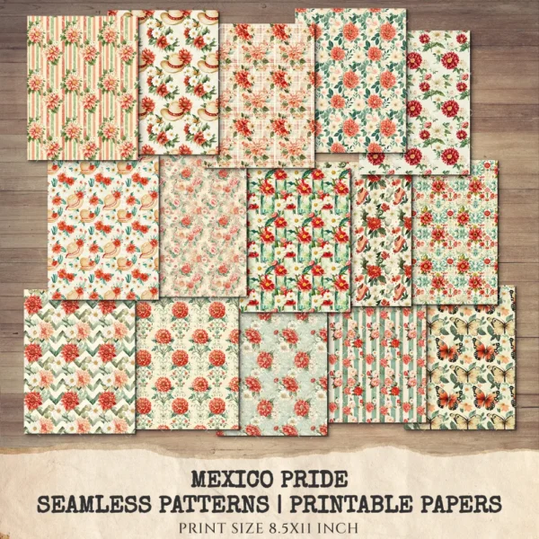 Mexico Pride Junk Journal Pages & Papers – Sombrero, Mexican Floral Printable, Fiesta, Cactus, Patriotic Scrapbook, Digital Download