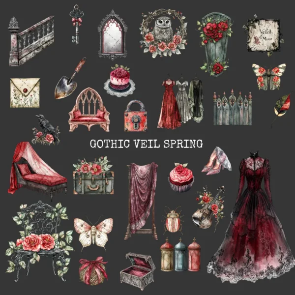 Gothic Veil Spring Clipart Set – Haunted Floral PNG Illustrations, Victorian Lace, Dark Spring Graphics, Romantic Gothic, Digital Download