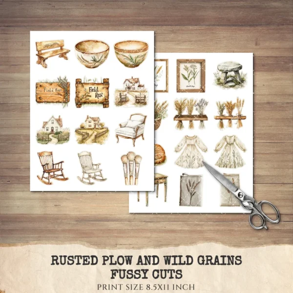 Rusted Plow and Wild Grains Clipart Set – Rustic Farm Illustrations, Masculine Harvest Graphics, Vintage Farmhouse, Harvest,Digital download
