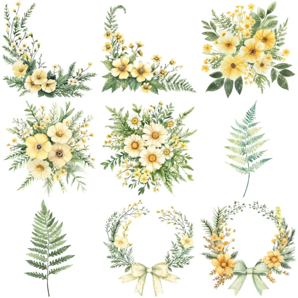 Spring Wanderlust Floral Arrangements, Spring Floral PNG, Wildflowers Bouquet, Meadow Art, Yellow Floral, Decor, Ornaments, Digital Download