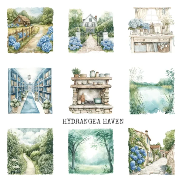 Hydrangea Haven Clipart Set – Spring Cottage Garden PNG Illustrations, Botanical, Pastel Floral, Romantic Floral Graphics, Digital Download
