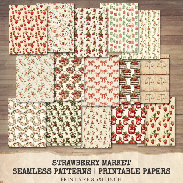 Strawberry Market Junk Journal Pages & Papers – Strawberry Blossom, Spring Fruit Printable, Basket Textures Scrapbook, Digital Download