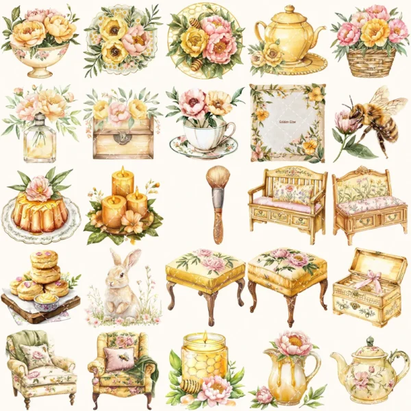 Honey Petal Archive Clipart Set – Vintage Botanical Illustrations, Antique Floral Graphics, Springtime, Spring Peony, Digital download