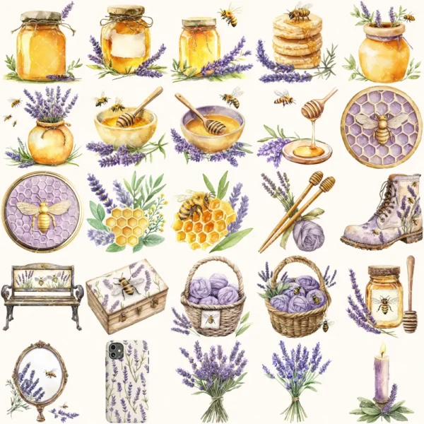 Honey and Herbs Clipart Set – Lavender Herb Illustrations, Honey Pot Graphics, Rustic Recipe, Rosemary PNG Clipart, Digital download