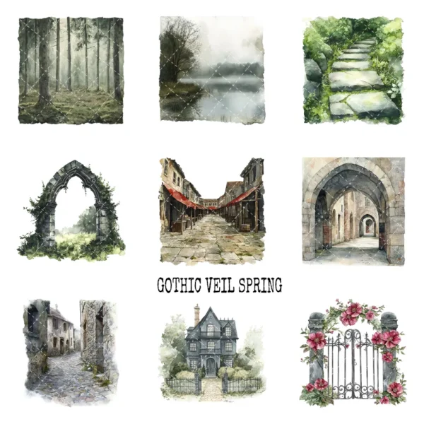 Gothic Veil Spring Clipart Set – Haunted Floral PNG Illustrations, Victorian Lace, Dark Spring Graphics, Romantic Gothic, Digital Download