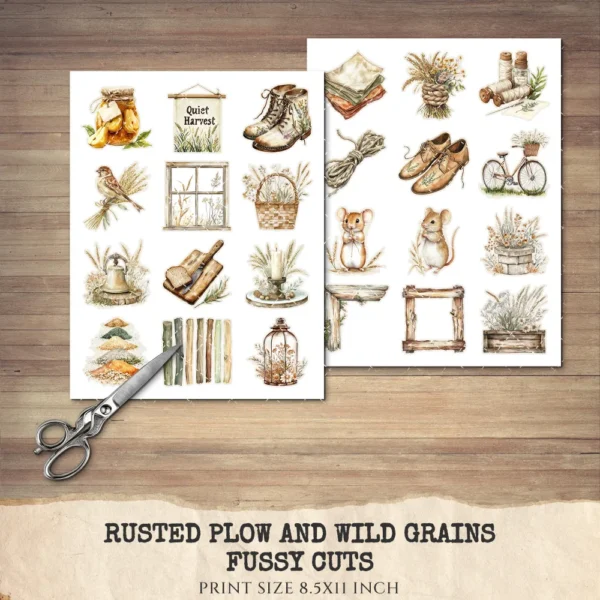 Rusted Plow and Wild Grains Clipart Set – Rustic Farm Illustrations, Masculine Harvest Graphics, Vintage Farmhouse, Harvest,Digital download