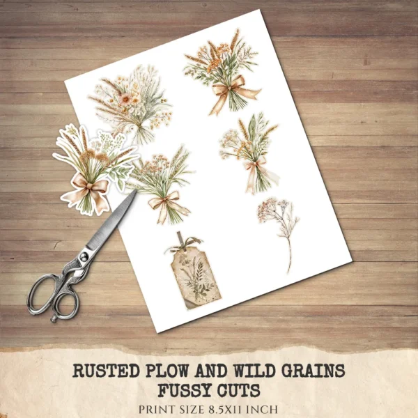 Rusted Plow and Wild Grains Floral Arrangements, Barley Grass PNG, Dried Bouquet, Spring Grain Art, Floral Decor, Ornaments,Digital download