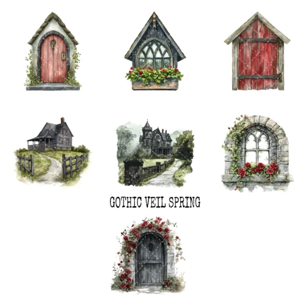 Gothic Veil Spring Clipart Set – Haunted Floral PNG Illustrations, Victorian Lace, Dark Spring Graphics, Romantic Gothic, Digital Download