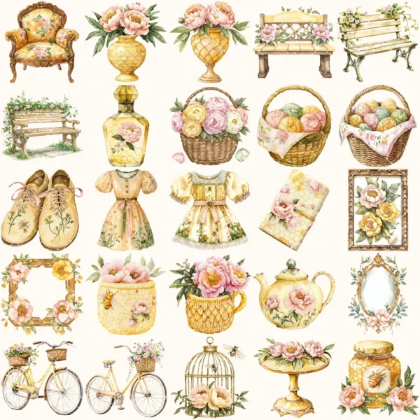 Honey Petal Archive Clipart Set – Vintage Botanical Illustrations, Antique Floral Graphics, Springtime, Spring Peony, Digital download