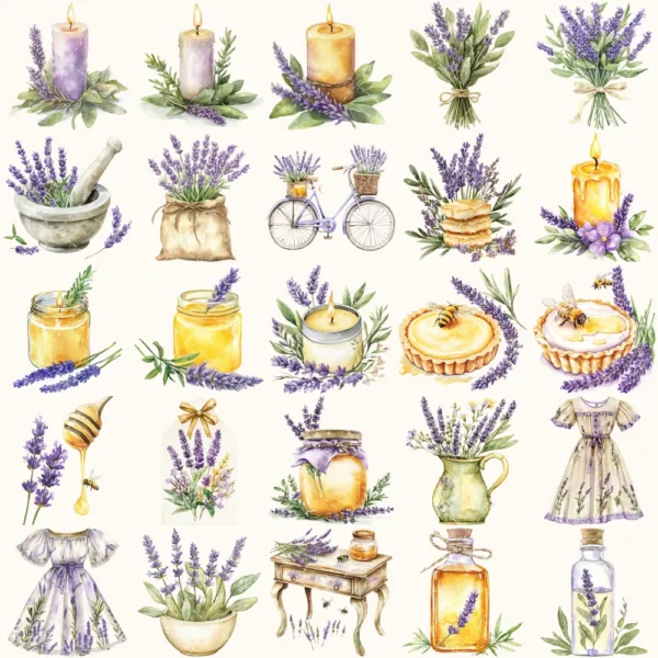 Honey and Herbs Clipart Set – Lavender Herb Illustrations, Honey Pot Graphics, Rustic Recipe, Rosemary PNG Clipart, Digital download