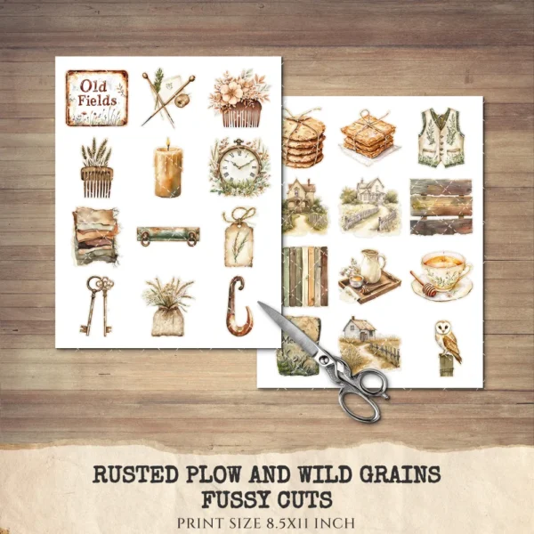 Rusted Plow and Wild Grains Clipart Set – Rustic Farm Illustrations, Masculine Harvest Graphics, Vintage Farmhouse, Harvest,Digital download