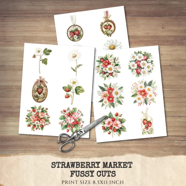 Strawberry Market Floral Arrangements, Spring Fruit PNG, Daisy Bouquet, Strawberry Blossom Art, Floral Decor, Ornaments, Digital download