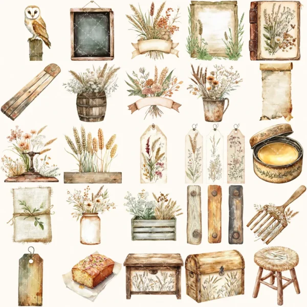 Rusted Plow and Wild Grains Clipart Set – Rustic Farm Illustrations, Masculine Harvest Graphics, Vintage Farmhouse, Harvest,Digital download