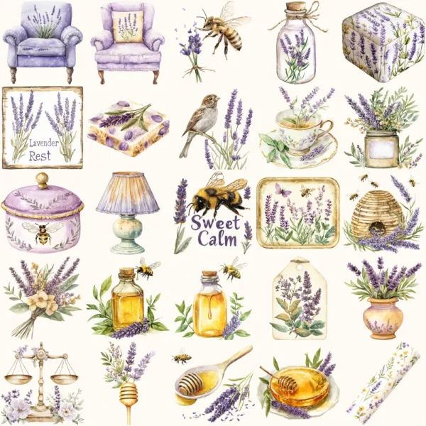 Honey and Herbs Clipart Set – Lavender Herb Illustrations, Honey Pot Graphics, Rustic Recipe, Rosemary PNG Clipart, Digital download