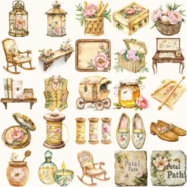 Honey Petal Archive Clipart Set – Vintage Botanical Illustrations, Antique Floral Graphics, Springtime, Spring Peony, Digital download