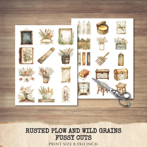 Rusted Plow and Wild Grains Clipart Set – Rustic Farm Illustrations, Masculine Harvest Graphics, Vintage Farmhouse, Harvest,Digital download