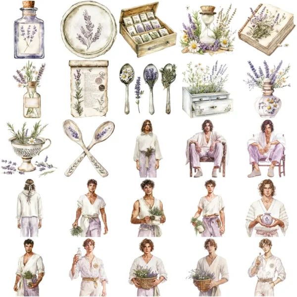 Gentle Apothecary Clipart Set – Vintage Herb Jars PNG Illustrations, Botanical Graphics, Lavender, Chamomile, Rosemary, Digital download