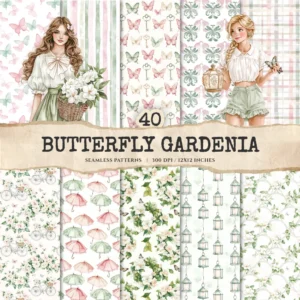 Butterfly Gardenia Seamless Patterns, Pink Floral JPEG, Butterfly Pattern, Whimsical, Cottagecore Repeating Pattern, Digital Scrapbook Paper
