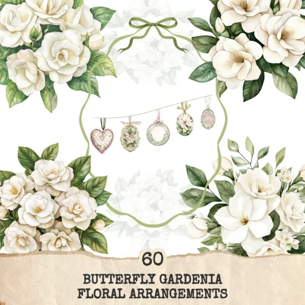 Butterfly Gardenia Floral Arrangements, Pink Floral PNG, Gardenia Bouquet, Springtime Art, Floral Decor, Ornaments, Digital Download