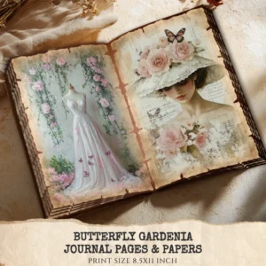 Butterfly Gardenia Junk Journal Pages & Papers – Gardenia Flower, Butterfly Garden Printable, Wedding Scrapbook, Floral, Digital Download