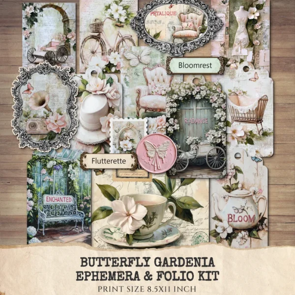 Butterfly Gardenia Ephemera & Folio Kit – Butterfly Garden, Whimsical Gardenia Printables, Pink Floral Tags, Kits, Digital Download
