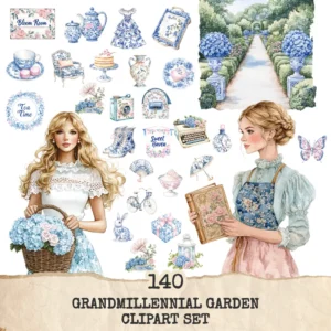 Grandmillennial Garden Clipart Set – Vintage Botanical PNG Illustrations, Shabby Chic, Blue Floral Romantic Garden Graphics,Digital Download
