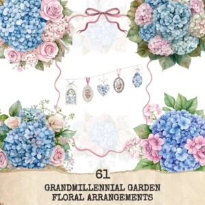 Grandmillennial Garden Floral Arrangements, Blue Floral PNG, Hydrangeas Bouquet, Springtime Art, Floral Decor, Ornaments, Digital Download