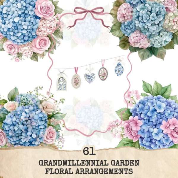 Grandmillennial Garden Floral Arrangements, Blue Floral PNG, Hydrangeas Bouquet, Springtime Art, Floral Decor, Ornaments, Digital Download