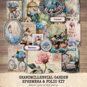 Grandmillennial Garden Ephemera & Folio Kit – Hydrangea Garden, Botanical Printables, Vintage, Blue Floral Tags, Kits, Digital Download
