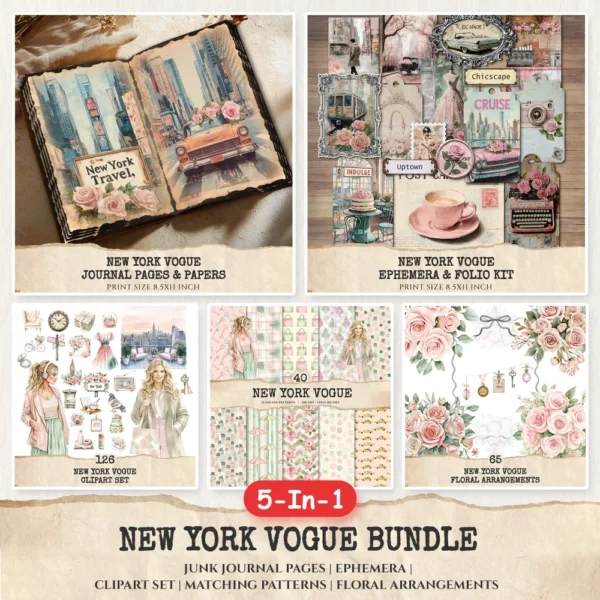New York Vogue Mega Bundle – Chic New York Travel, Ephemera, Journal, Modern Travel PNG Clipart, Seamless Pattern, Digital Download