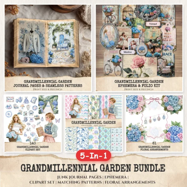 Grandmillennial Garden Mega Bundle – Blue Hydrangeas Garden, Ephemera, Journal, Botanical PNG Clipart, Seamless Pattern, Digital Download