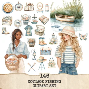 Cottage Fishing Clipart Set – Rustic Fishing PNG Illustrations, Boots, Rods, Pond, Cottagecore Lake Fishing Graphics, Digital Download
