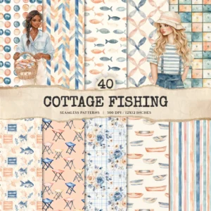 Cottage Fishing Seamless Patterns, Rustic Floral JPEG, Boots Rods Pond Pattern, Cottagecore, Fish Repeating Pattern, Digital Scrapbook Paper