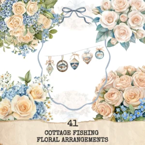 Cottage Fishing Floral Arrangements, Cream Floral PNG, Rose Bouquet, Forget Me Nots Art, Floral Decor, Ornaments, Digital Download
