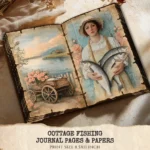 Cottage Fishing Junk Journal Pages & Papers – Rustic Fishing, Boots Rods Pond Printable, Fishing gear Scrapbook, Digital Download