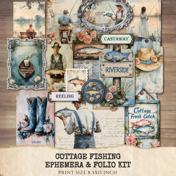 Cottage Fishing Ephemera & Folio Kit – Rustic Fishing, Angler Printables, Vintage, Boots Rods Ponds, Fishing Tags, Kits, Digital Download