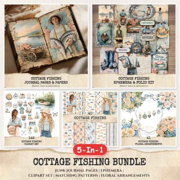 Cottage Fishing Mega Bundle – Rustic Fishing, Boots Rods Pond, Ephemera, Journal, Angler PNG Clipart, Seamless Pattern, Digital Download