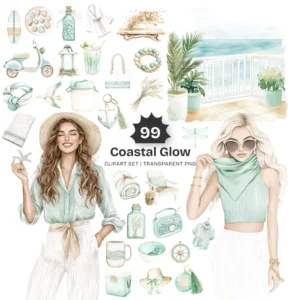 Coastal Glow Clipart Set – Seaside Summer PNG Illustrations, Seashells Clusters, Tropical Beach Graphics, Sandy Paths, Digital Download