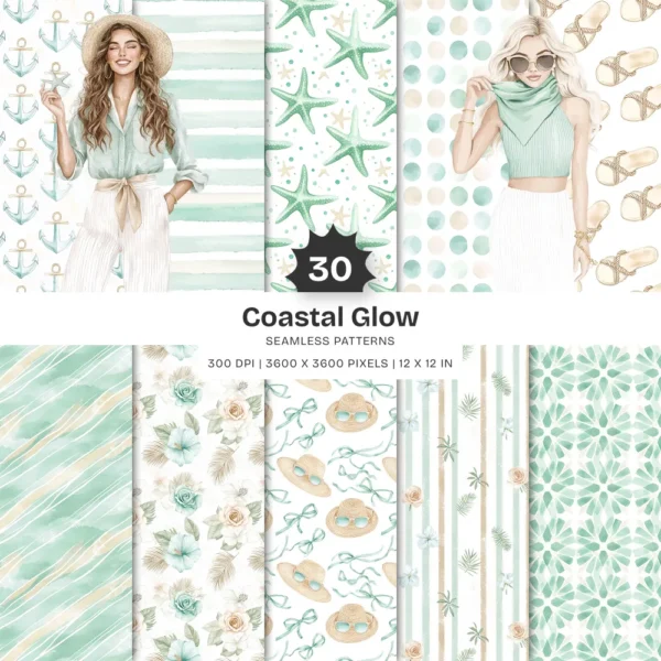Coastal Glow Seamless Patterns, Summer Floral JPEG, Beach Lanterns Pattern, Seashell Clusters Repeating Pattern, Digital Scrapbook Paper